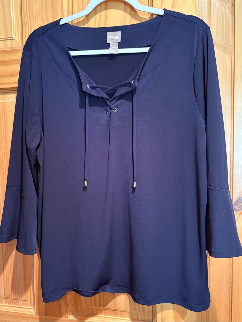 Chico's Navy Blue Lace-Up Bell Sleeve top women’s size 3 (xl 16-18)
